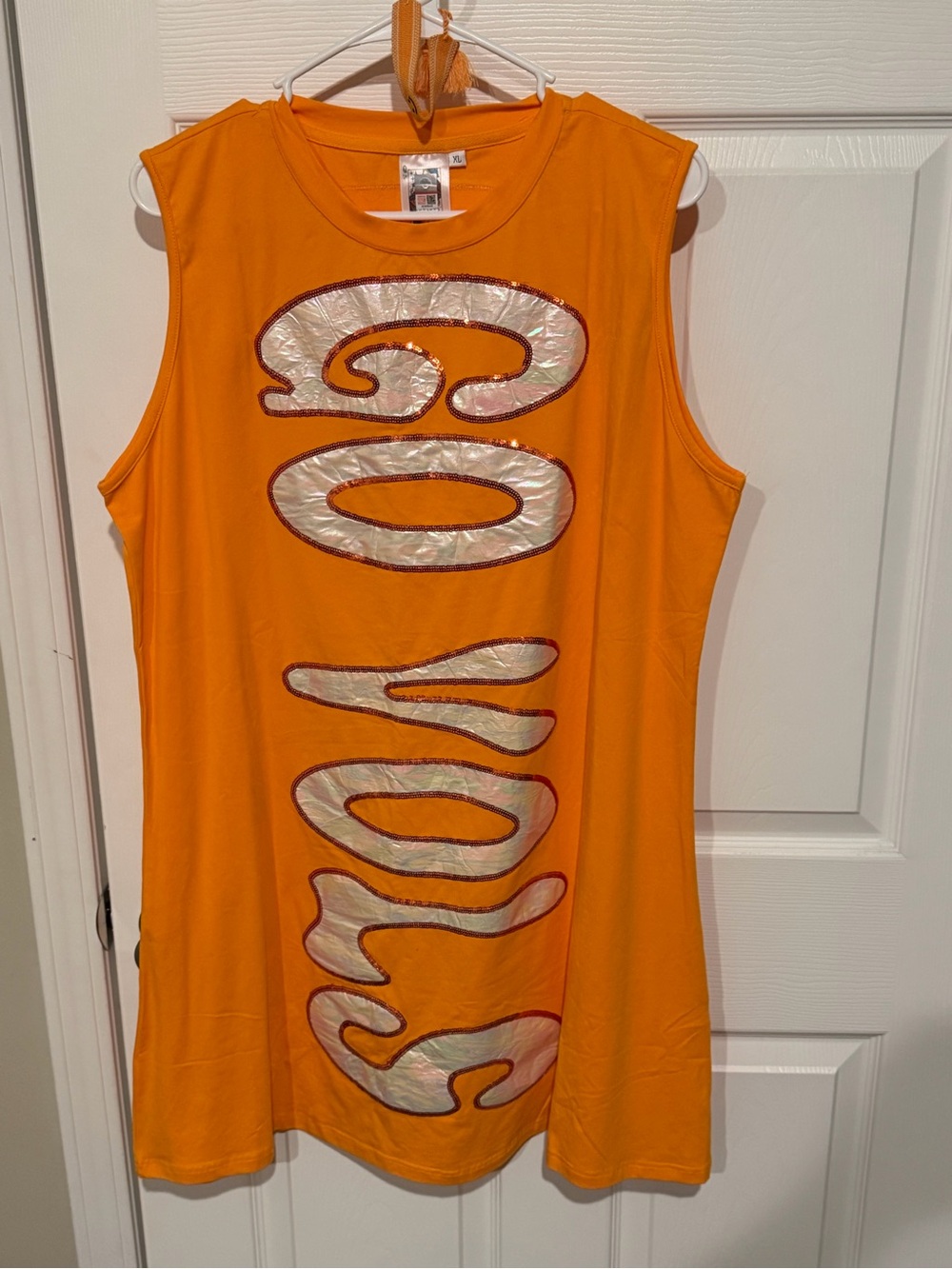 QUEEN OF SPARKLES Orange Sleeveless Mini Dress with Iridescent Graphic